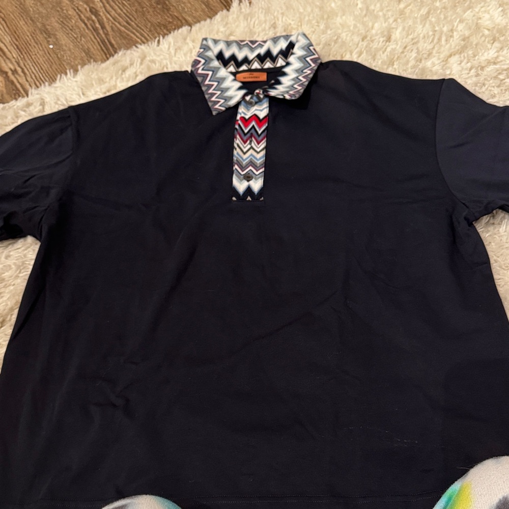 Authentic Missoni Navy Polo with Zigzag Collar Detail